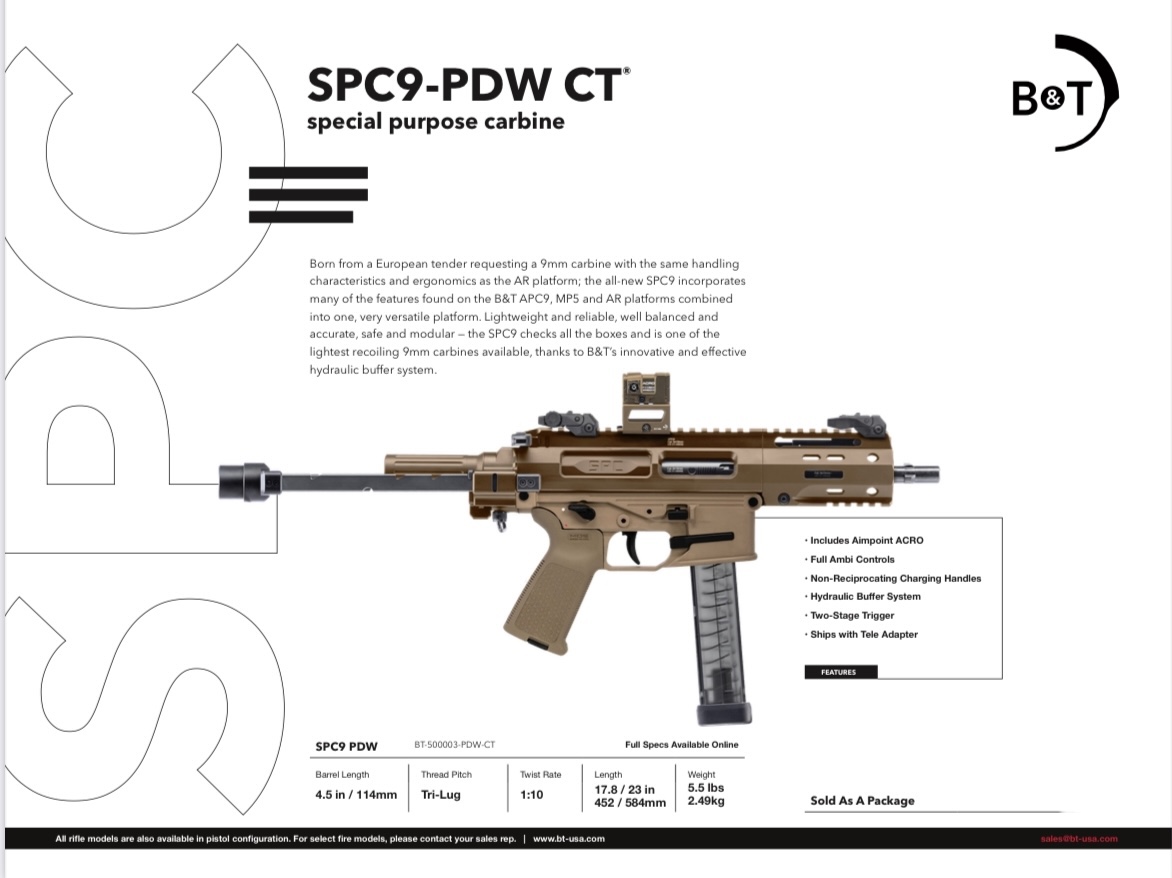 B&T SPC9-PDW CT Pistol -ACRO P2 FDE Bundle (Glock Mag Lower)