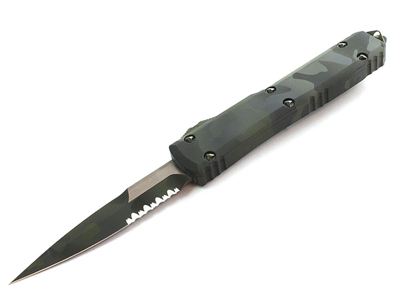 Microtech Ultratech 3.44' OTF Double Edge Partially Serrated Bayonet, Olive Camo