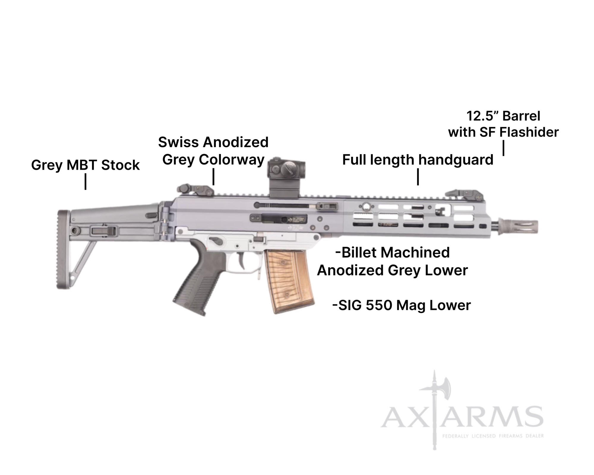 B&T APC223 PRO 12.5” SBR with SIG550 Billet Lower, Anodized in Swiss Grey Limited Run BT-361658-55X- SBR-MBT