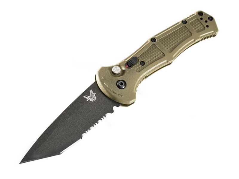 Benchmade Claymore Tanto 3.6' Auto Folding Serrated Knife, Cobalt/Ranger Green Grivory