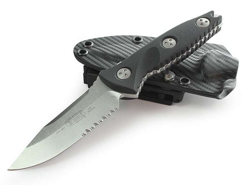 Microtech Socom Alpha Mini 3.72' Fixed Stonewashed Partially Serrated Clip Point, Black G10