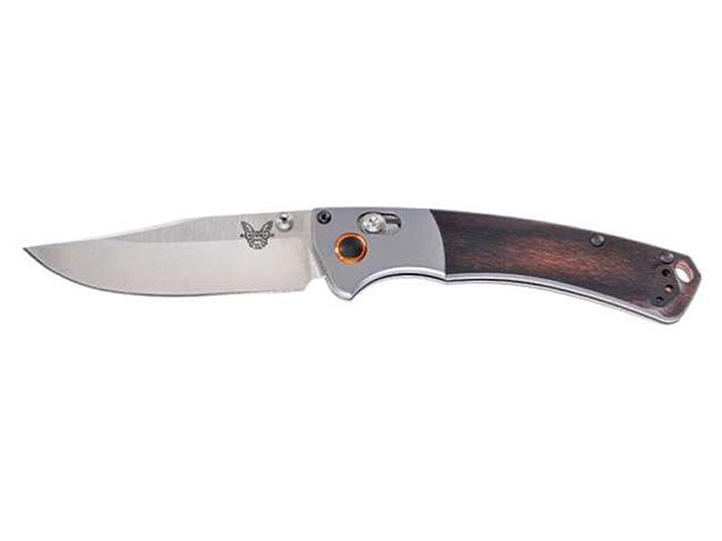 Benchmade Mini Crooked River 3.4' AXIS Folding Knife, Stabilized Wood & Orange Bolsters