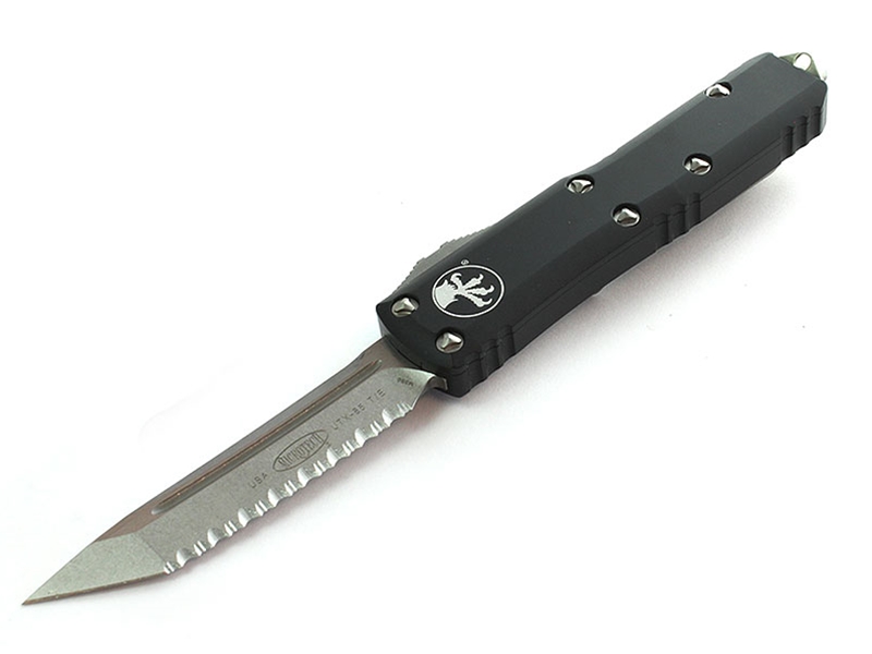 Microtech UTX-85 3.12' OTF Stonewashed Serrated Tanto, Black