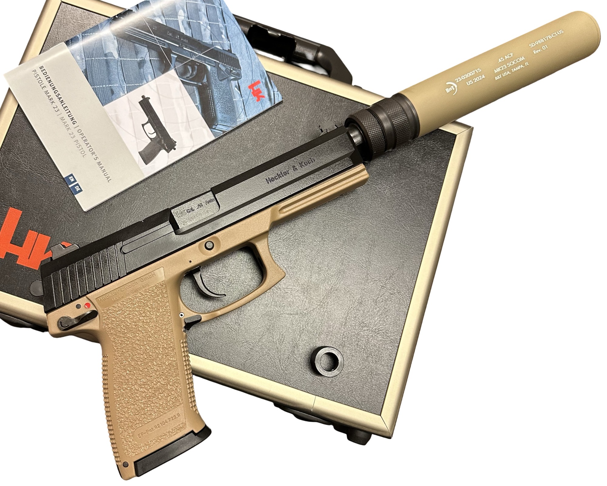 B&T import HK MARK 23 Handgun & B&T MK23 Suppressor Bundle in Coyote Tan SD-988178-CT-US