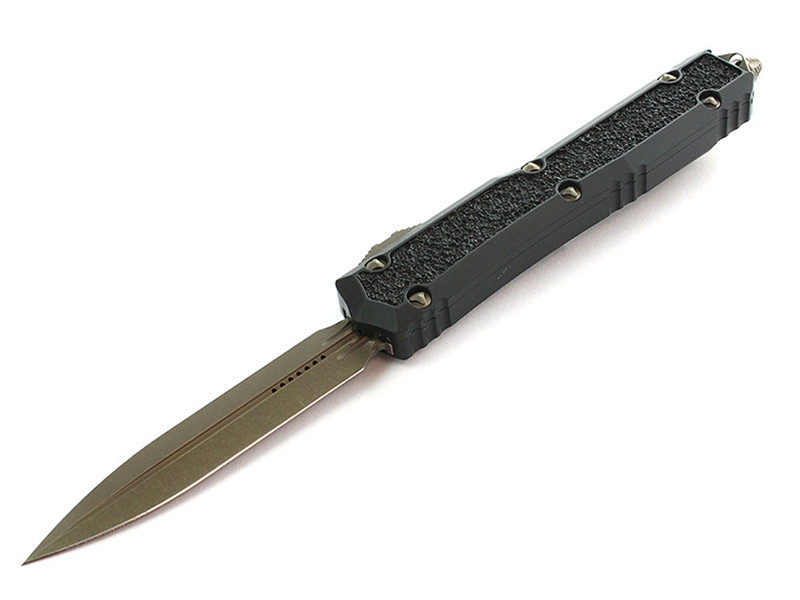 Microtech Makora 3.3' OTF Bronze Stonewashed Double Edge Dagger, Black Stippling
