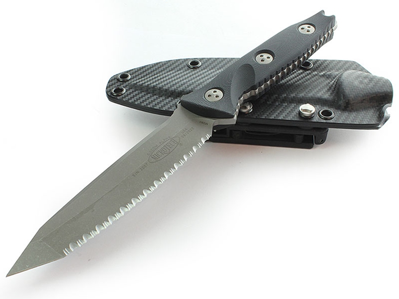 Microtech Socom Alpha 5.45' Fixed Apocalyptic Finish Fully Serrated Tanto, Black G10