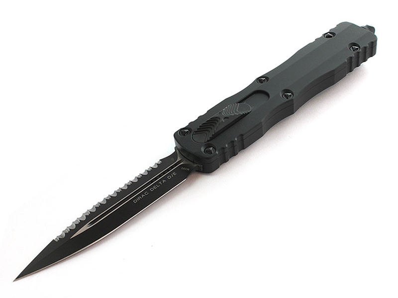 Microtech Dirac Delta 3.75' OTF Black Serrated Double Edge Dagger, Black