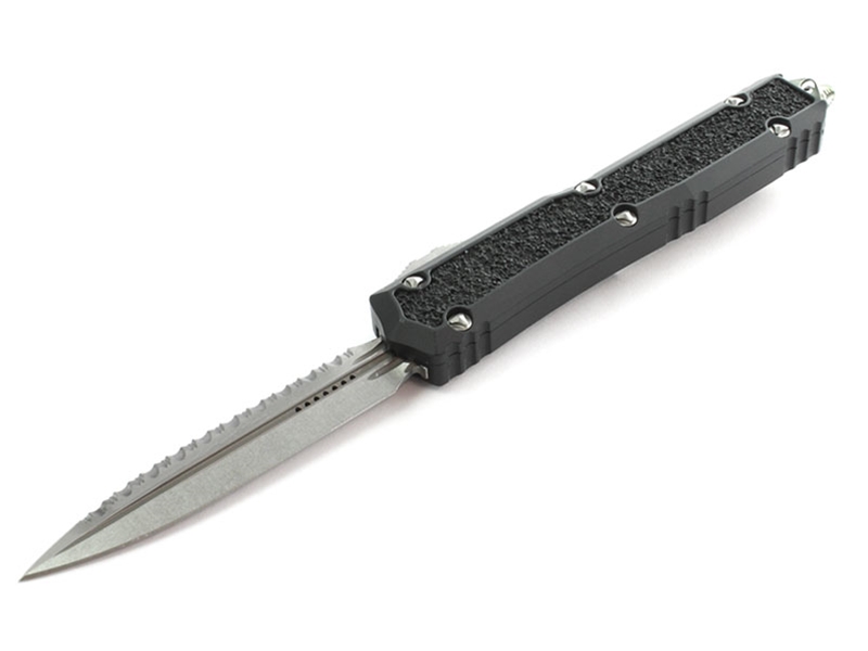 Microtech Makora 3.3' OTF Stonewashed Serrated Double Edge Dagger, Black Stippling