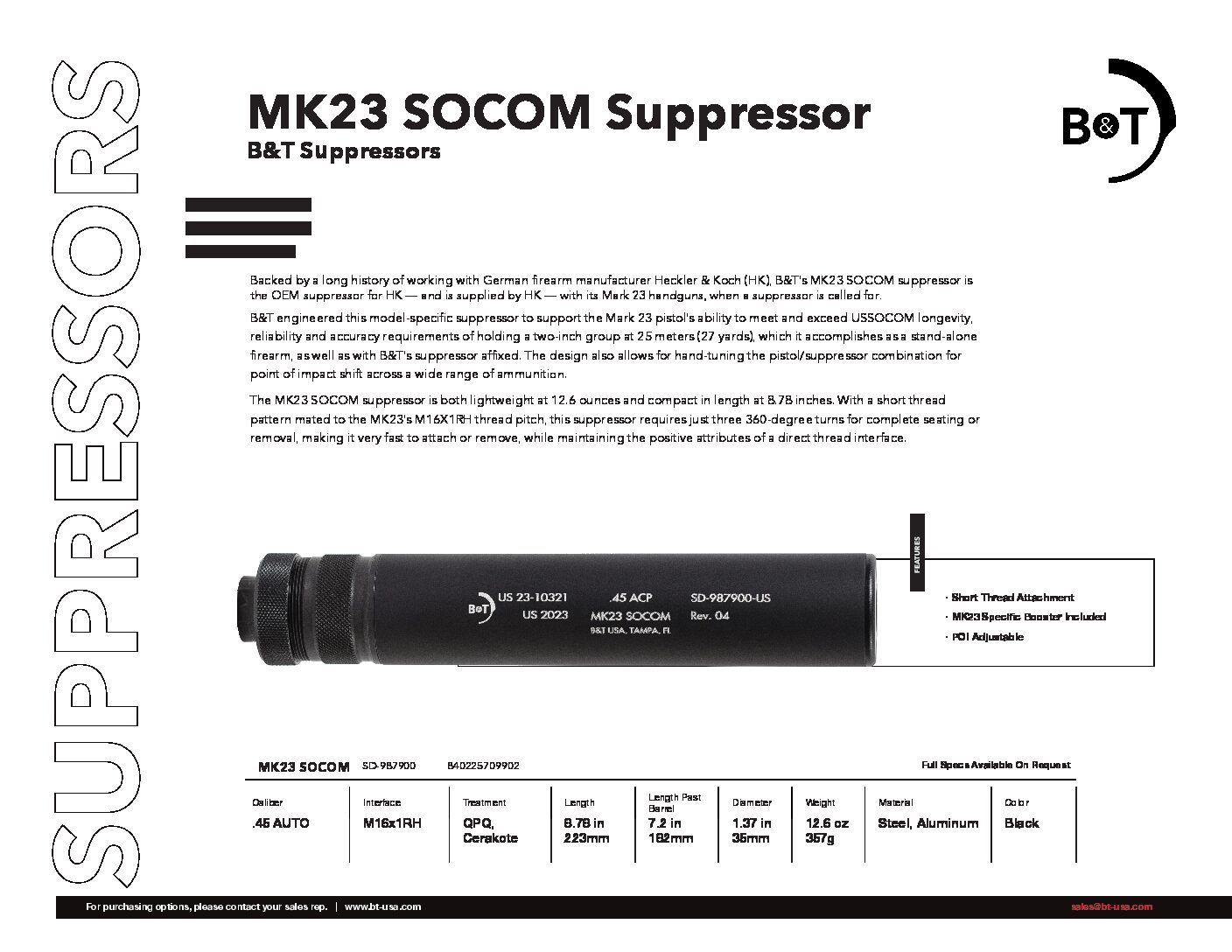 B&T MK23 .45 ACP HK Suppressor | HK MK23 Impuls IIA  SD-988178-US