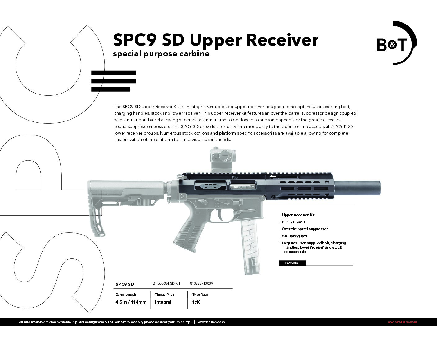 SPC9-SD CARBINE SUPPRESSED UPPER KIT  BT-450246-SD-KIT