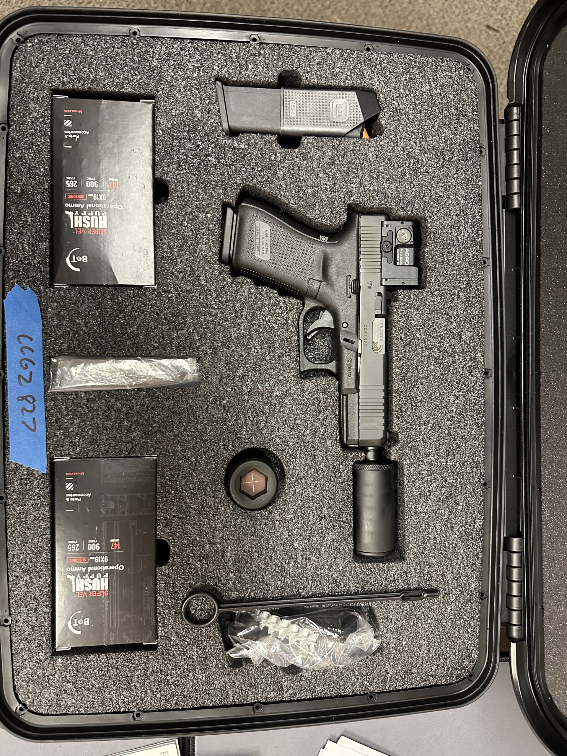 B&T Glock 19 Hush Puppy Edition Gen 5 w/ Aimpoint Acro P2. Slide lock, & Suppressor SD-124123-US