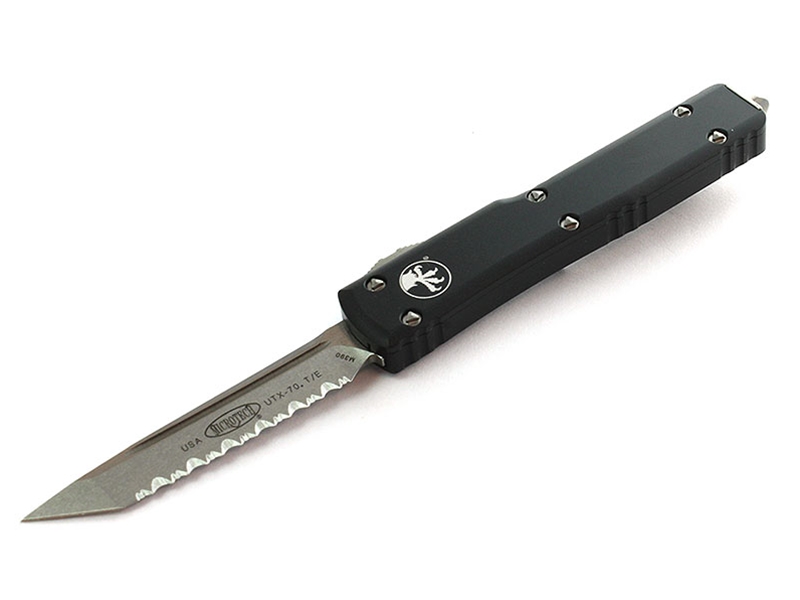 Microtech UTX-70 2.41' OTF Stonewashed Fully Serrated Tanto, Black