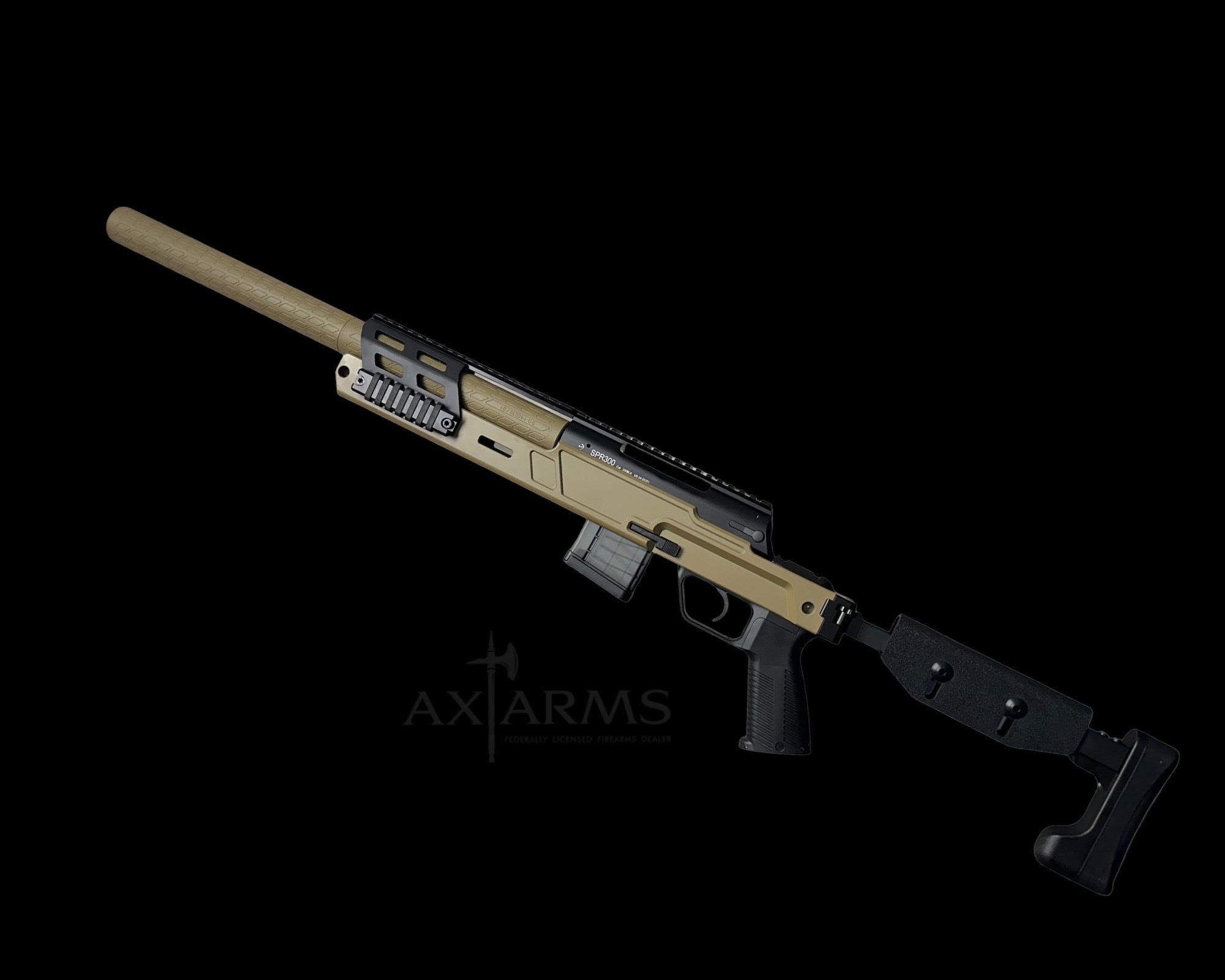 B&T SPR300 PRO, Coyote Tan Sniper Rifle with PRINT-X TI Suppressor.