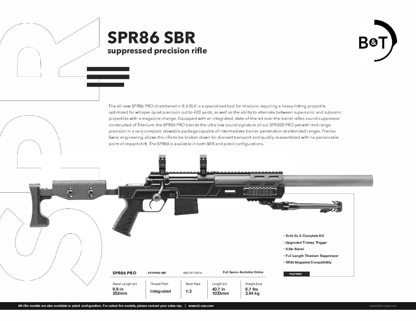 B&T SPR86 Pro SBR, Integrally Suppressed Precision Rifle – SPR 86 BT-SPR86-SBR
