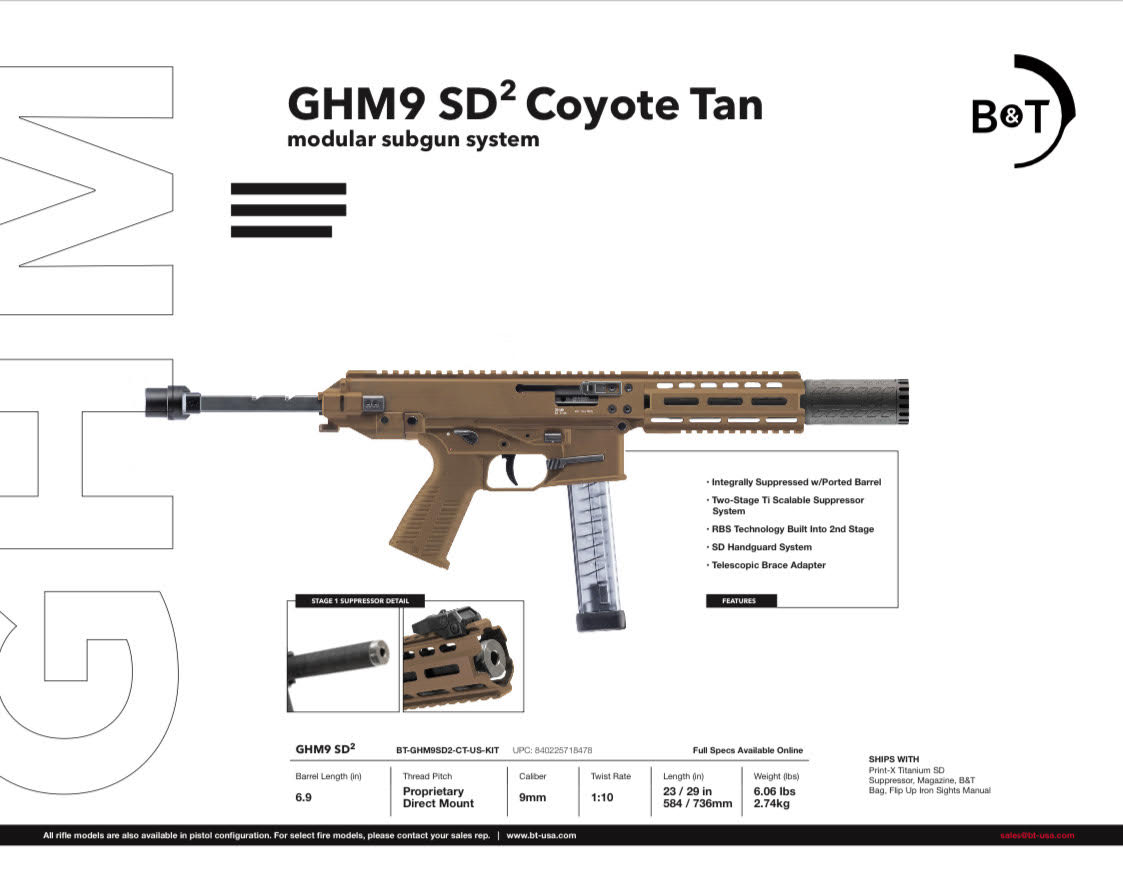 B&T GHM9 SD 2 Coyote Tan Modular Subgun System, With Print-X TI  Suppressor & GHM9-SD Telscopic Brace