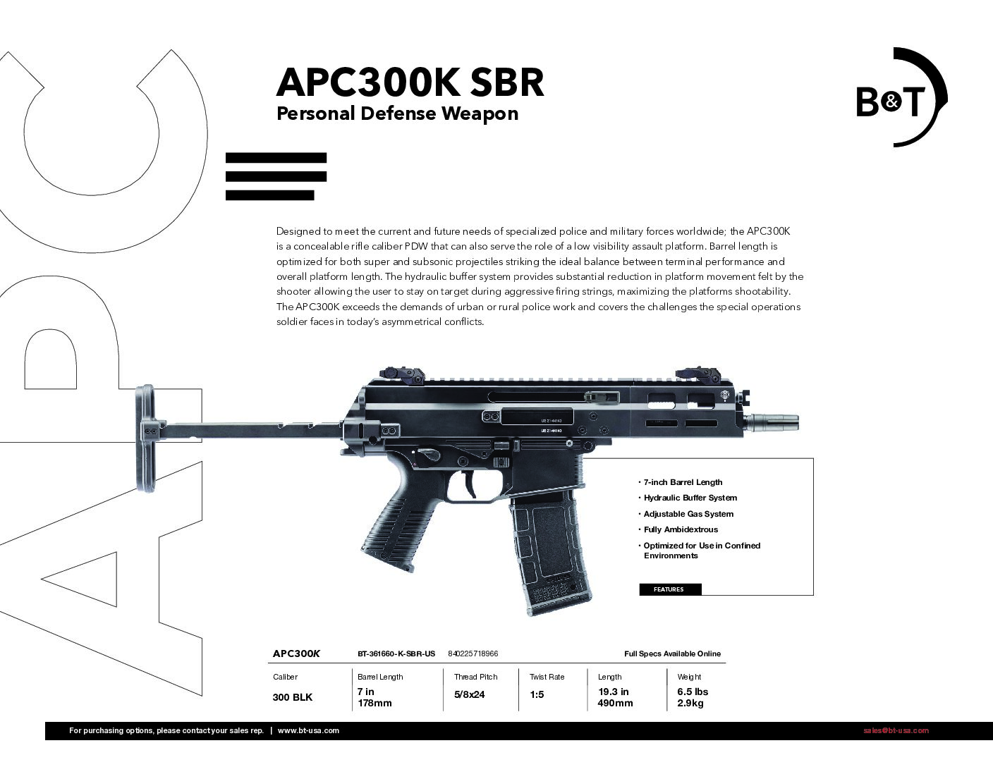B&T APC300K SBR  Personal Defense Weapon BT-361660-K-SBR-US