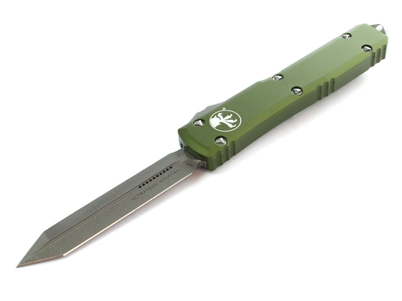 Microtech Ultratech Spartan 3.44' OTF Apocalyptic Finish Double Edge Tanto, OD Green
