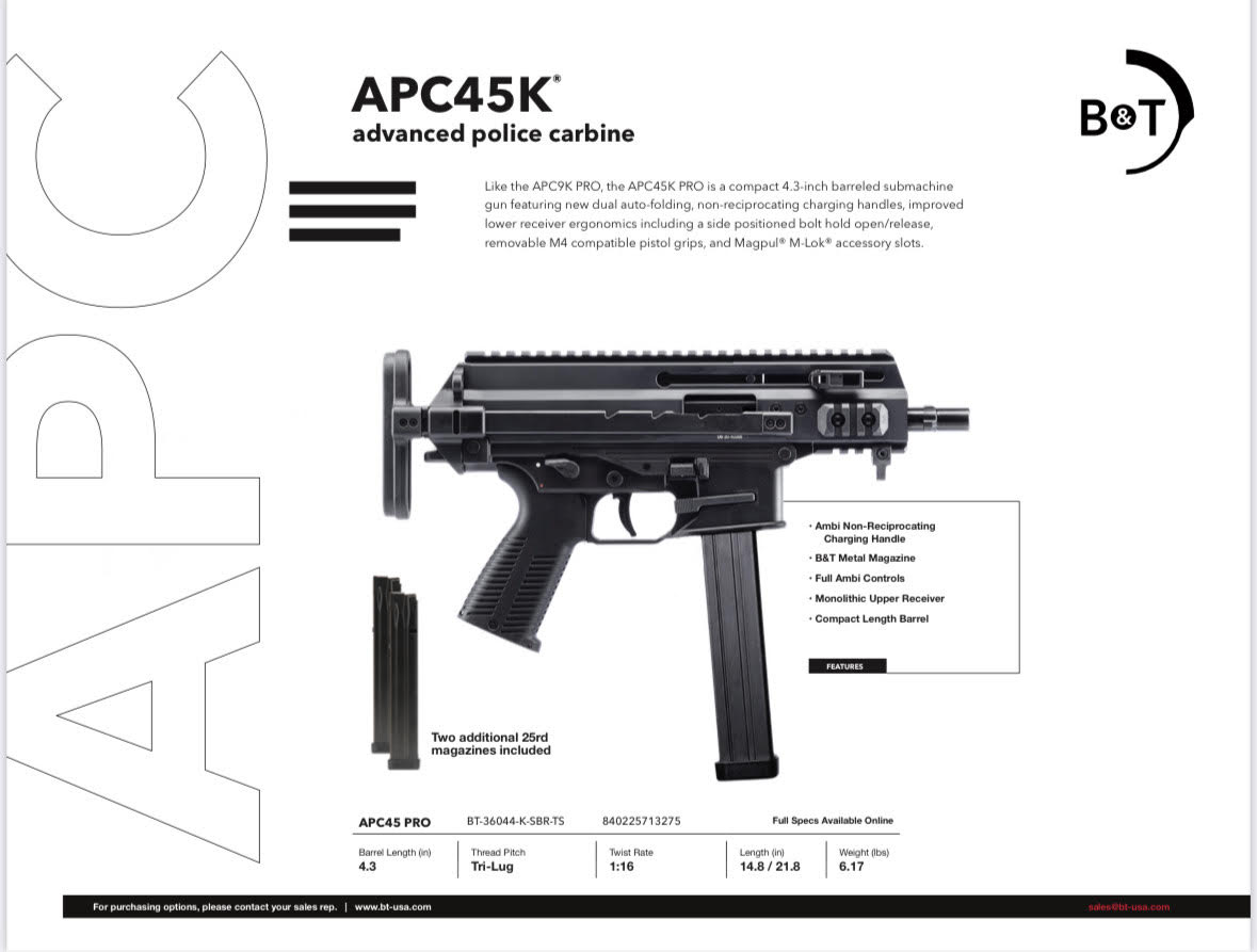 B&T APC45K Pro PISTOL model + 3 MAGS Bundle APC45 K (B&T Telescopic Brace Adapter Included!)