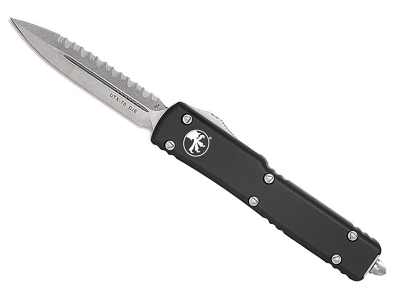 Microtech UTX-70 2.41' OTF Stonewashed Serrated Double Edge Dagger, Black