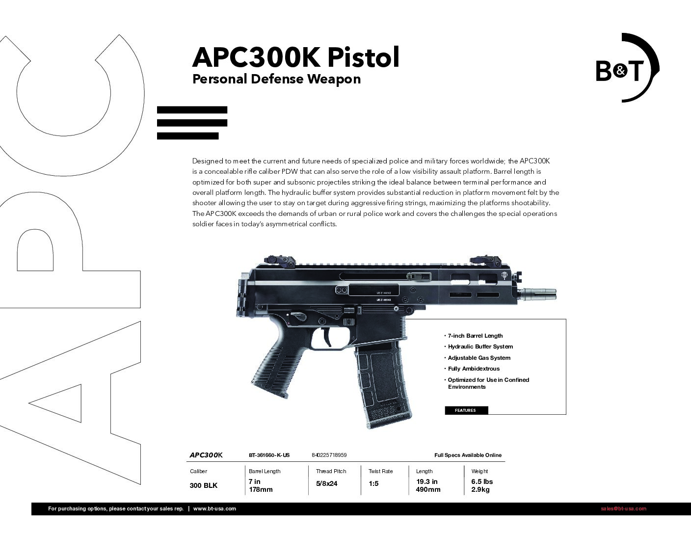 B&T APC300K Pistol  Personal Defense Weapon  BT-361660-K-US