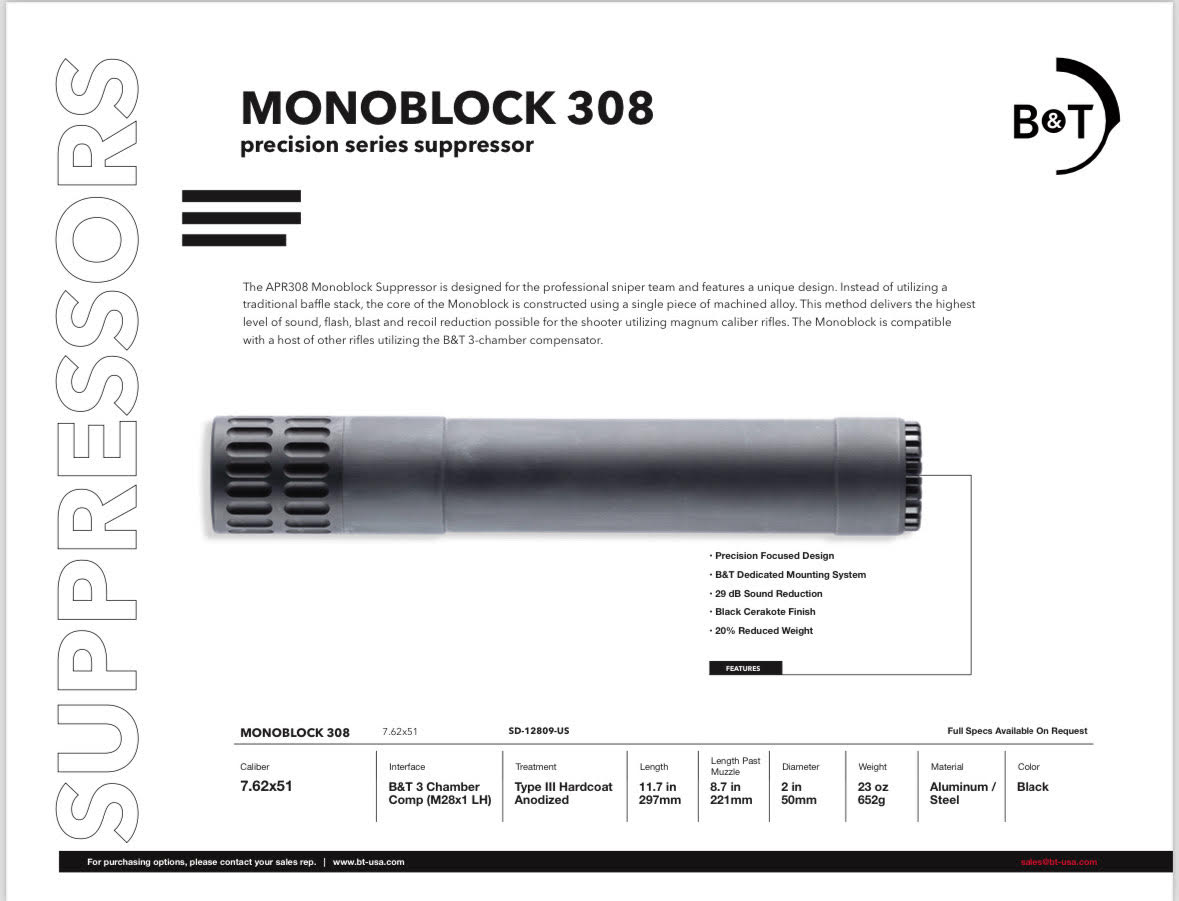 B&T APR308 Monoblock Suppressor, Designed for the APR308 Sniper System SD-12809-US