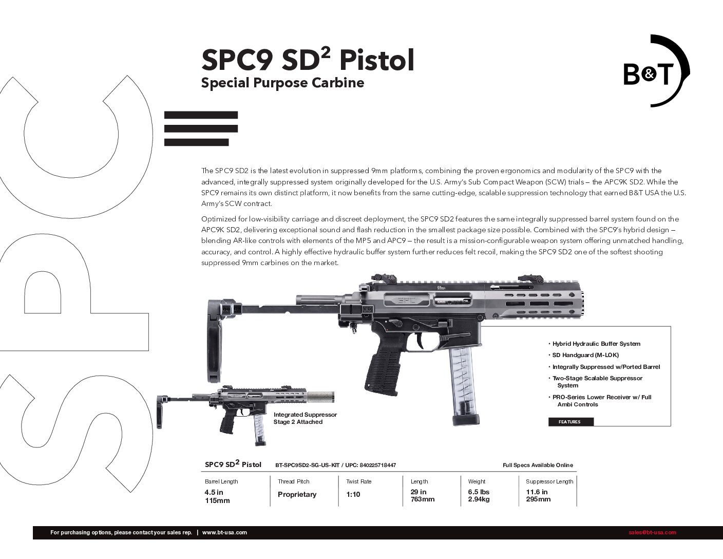 B&T Limited Sniper Grey SPC9 SD2  Pistol with Modular 2-Piece Titanium Suppressor and Tele-Brace